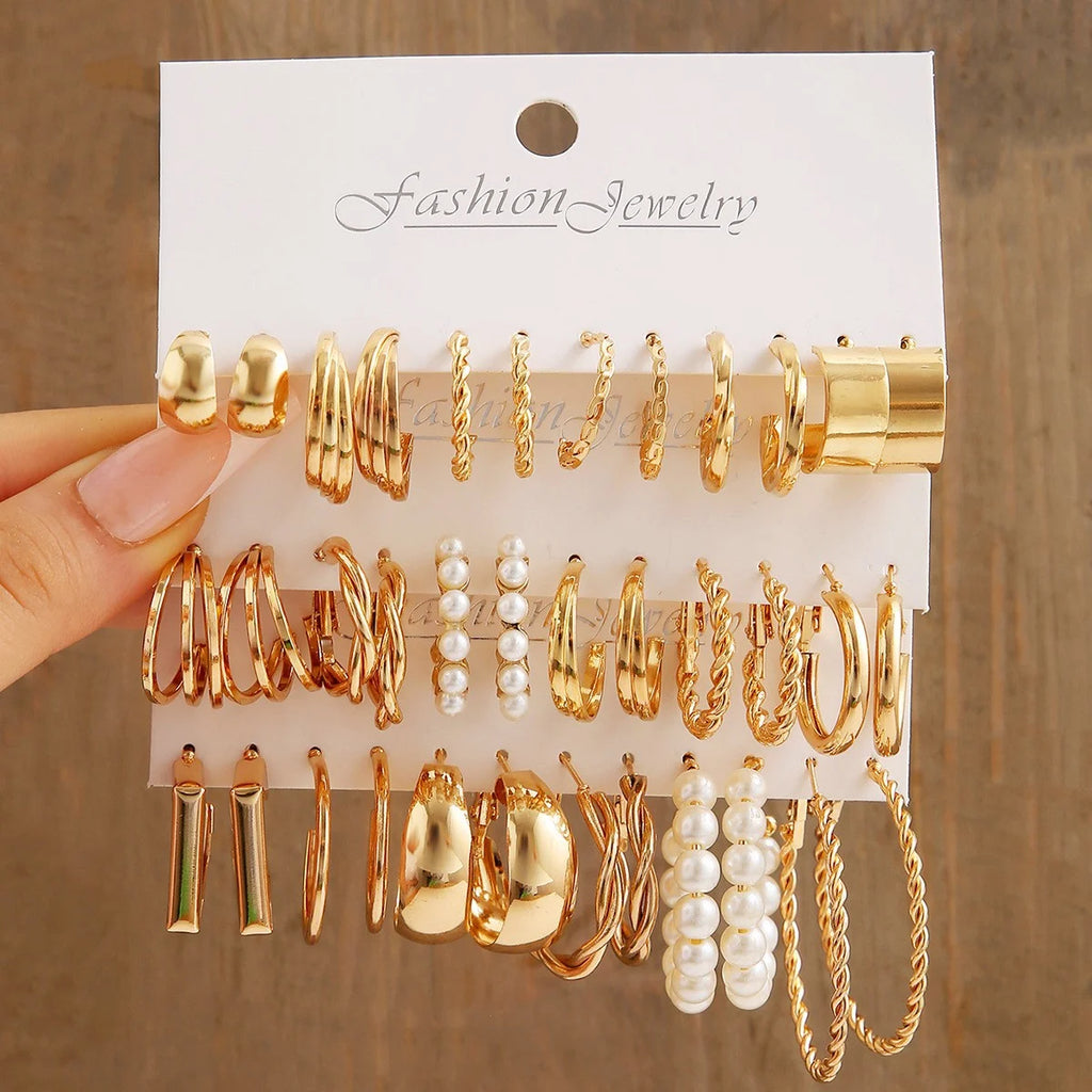 18 Pcs Fashion Creative Earring Set for Women Boho Gold Color Pearl Big Circular Hoop Earring Trendy Daily Life Jewelry Gifts