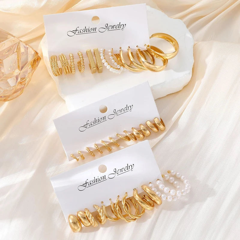 18 Pcs Fashion Creative Earring Set for Women Boho Gold Color Pearl Big Circular Hoop Earring Trendy Daily Life Jewelry Gifts