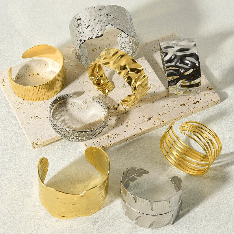 1Pc Stainless Steel Women Hammered Irregular Bowknot Flowers Chunky Open Bracelet Trendy  Animal Butterfly Cuff Bangle Jewelry