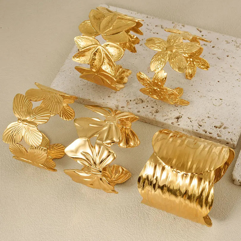 1Pc Stainless Steel Women Hammered Irregular Bowknot Flowers Chunky Open Bracelet Trendy  Animal Butterfly Cuff Bangle Jewelry