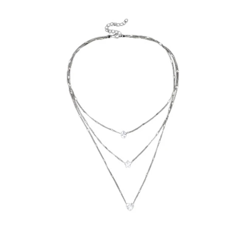 3 Layer Crystal Zircon Necklace Heart Star Multi-layer Pendant Necklace Women Fashion Square Rhinestone Female Necklaces Jewelry
