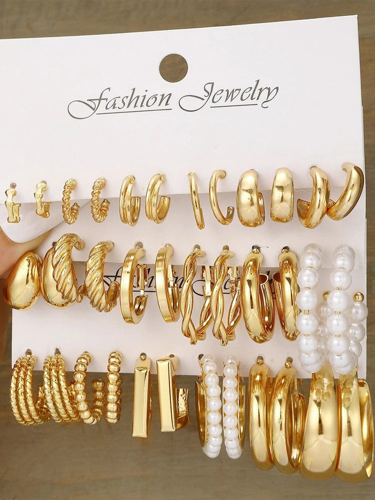 18 Pcs Fashion Creative Earring Set for Women Boho Gold Color Pearl Big Circular Hoop Earring Trendy Daily Life Jewelry Gifts