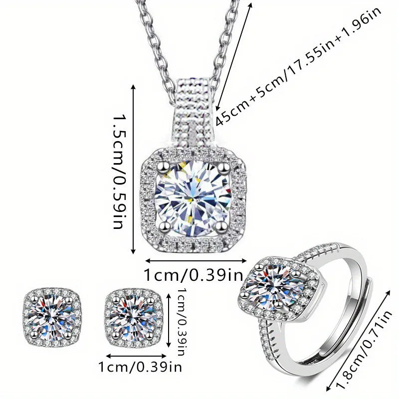 3pcs Set Luxury Brand Shiny Geometric Square Zircon Necklace Earring Rings for Women Charm Fashion Jewelry Set Anniversary Gift
