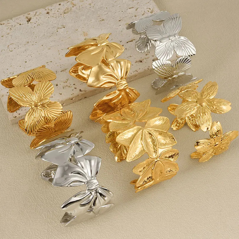 1Pc Stainless Steel Women Hammered Irregular Bowknot Flowers Chunky Open Bracelet Trendy  Animal Butterfly Cuff Bangle Jewelry